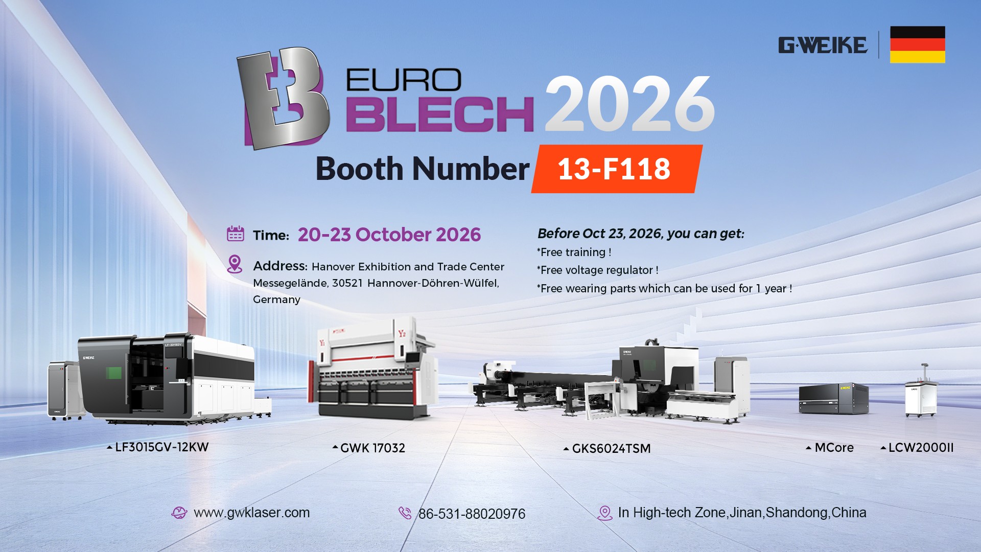 GWEIKE EuroBLECH 2026 poster showing the October 20–23 dates, Hall 13 Stand F118 and the announced machine lineup